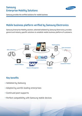 Samsung
Enterprise Mobility Solutions
Mobile business platform verified by Samsung Electronics
Samsung Enterprise Mobility solution, selected/validated by Samsung Electronics, provides
general and industry specific solutions to establish mobile business platform of customers.
Key benefits
Validated by Samsung
Adopted by world’s leading enterprises
Continued post-supports
Perfect compatibility with Samsung mobile devices
Mobile banking
Corporate Finance
EducationResource Management
Health & Medical
Web conference
Web browsing
Social networking
Gamee-mail
Samsung provides the verified solutions for mobile business
Sales Automation
 