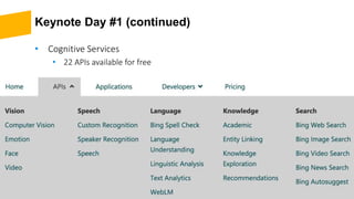 Keynote Day #1 (continued)
• Cognitive Services
• 22 APIs available for free
 