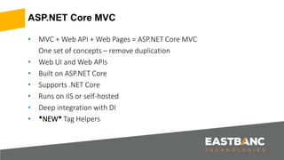 ASP.NET Core MVC
• MVC + Web API + Web Pages = ASP.NET Core MVC
One set of concepts – remove duplication
• Web UI and Web APIs
• Built on ASP.NET Core
• Supports .NET Core
• Runs on IIS or self-hosted
• Deep integration with DI
• *NEW* Tag Helpers
 