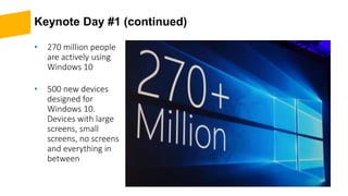 Keynote Day #1 (continued)
• 270 million people
are actively using
Windows 10
• 500 new devices
designed for
Windows 10.
Devices with large
screens, small
screens, no screens
and everything in
between
 