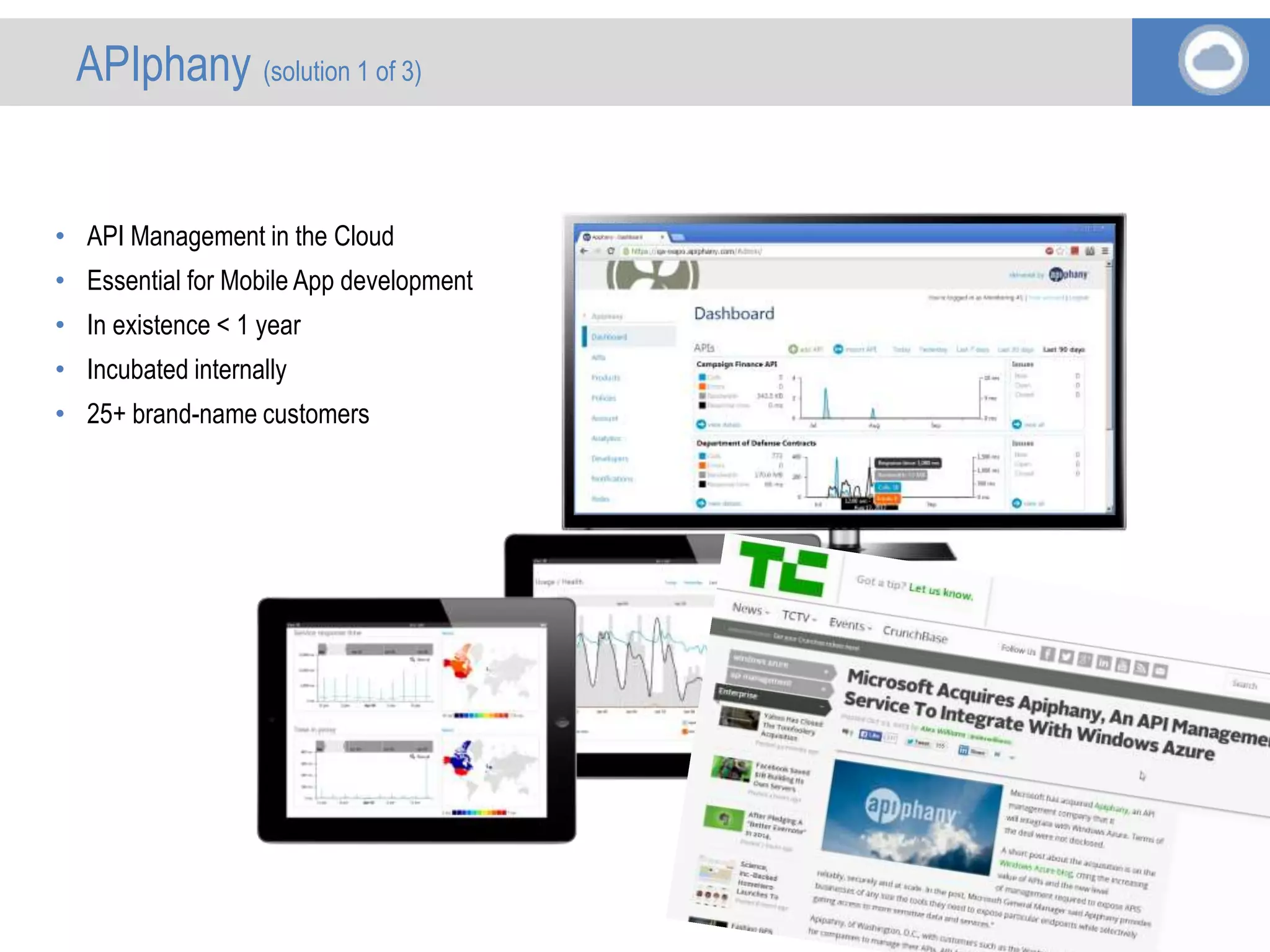 • API Management in the Cloud
• Essential for Mobile App development
• In existence < 1 year
• Incubated internally
• 25+ brand-name customers
APIphany (solution 1 of 3)
 
