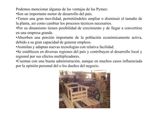 Podemos mencionar algunas de las ventajas de las Pymes:
•Son un importante motor de desarrollo del país.
•Tienen una gran movilidad, permitiéndoles ampliar o disminuir el tamaño de
la planta, así como cambiar los procesos técnicos necesarios.
•Por su dinamismo tienen posibilidad de crecimiento y de llegar a convertirse
en una empresa grande.
•Absorben una porción importante de la población económicamente activa,
debido a su gran capacidad de generar empleos.
•Asimilan y adaptan nuevas tecnologías con relativa facilidad.
•Se establecen en diversas regiones del país y contribuyen al desarrollo local y
regional por sus efectos multiplicadores.
•Cuentan con una buena administración, aunque en muchos casos influenciada
por la opinión personal del o los dueños del negocio.
 