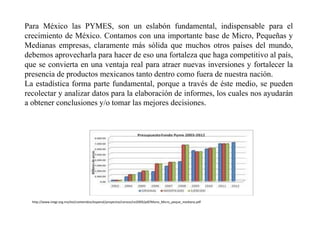 Para México las PYMES, son un eslabón fundamental, indispensable para el
crecimiento de México. Contamos con una importante base de Micro, Pequeñas y
Medianas empresas, claramente más sólida que muchos otros países del mundo,
debemos aprovecharla para hacer de eso una fortaleza que haga competitivo al país,
que se convierta en una ventaja real para atraer nuevas inversiones y fortalecer la
presencia de productos mexicanos tanto dentro como fuera de nuestra nación.
La estadística forma parte fundamental, porque a través de éste medio, se pueden
recolectar y analizar datos para la elaboración de informes, los cuales nos ayudarán
a obtener conclusiones y/o tomar las mejores decisiones.
http://www.inegi.org.mx/est/contenidos/espanol/proyectos/censos/ce2009/pdf/Mono_Micro_peque_mediana.pdf
 