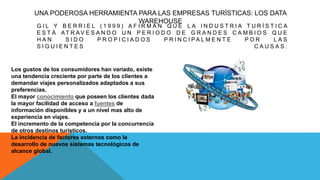 UNA PODEROSA HERRAMIENTA PARA LAS EMPRESAS TURÍSTICAS: LOS DATA
WAREHOUSE
G I L Y B E R R I E L ( 1 9 9 9 ) A F I R M A N Q U E L A I N D U S T R I A T U R Í S T I C A
E S T Á A T R A V E S A N D O U N P E R I O D O D E G R A N D E S C A M B I O S Q U E
H A N S I D O P R O P I C I A D O S P R I N C I P A L M E N T E P O R L A S
S I G U I E N T E S C A U S A S :
Los gustos de los consumidores han variado, existe
una tendencia creciente por parte de los clientes a
demandar viajes personalizados adaptados a sus
preferencias.
El mayor conocimiento que poseen los clientes dada
la mayor facilidad de acceso a fuentes de
información disponibles y a un nivel mas alto de
experiencia en viajes.
El incremento de la competencia por la concurrencia
de otros destinos turísticos.
La incidencia de factores externos como la
desarrollo de nuevos sistemas tecnológicos de
alcance global.
 
