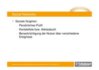 Blitzseminar: Social Network-Marketing • Frankfurter Buchmesse 2009 • Andrea Mühl, M. A.
www.schattauer.de
Social Networks
Soziale Graphen:
- Persönliches Profil
- Kontaktliste bzw. Adressbuch
- Benachrichtigung der Nutzer über verschiedene
Ereignisse
 