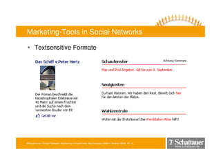 Blitzseminar: Social Network-Marketing • Frankfurter Buchmesse 2009 • Andrea Mühl, M. A.
www.schattauer.de
Marketing-Tools in Social Networks
Textsensitive Formate
 