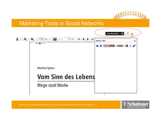 Blitzseminar: Social Network-Marketing • Frankfurter Buchmesse 2009 • Andrea Mühl, M. A.
www.schattauer.de
Marketing-Tools in Social Networks
 