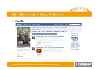 Blitzseminar: Social Network-Marketing • Frankfurter Buchmesse 2009 • Andrea Mühl, M. A.
www.schattauer.de
Marketing-Tools in Social Networks
Profile
 