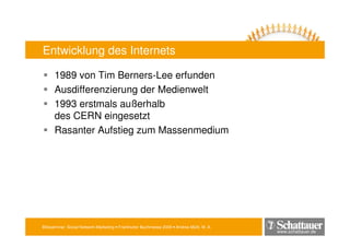 Blitzseminar: Social Network-Marketing • Frankfurter Buchmesse 2009 • Andrea Mühl, M. A.
www.schattauer.de
Entwicklung des Internets
1989 von Tim Berners-Lee erfunden
Ausdifferenzierung der Medienwelt
1993 erstmals außerhalb
des CERN eingesetzt
Rasanter Aufstieg zum Massenmedium
 