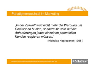 Blitzseminar: Social Network-Marketing • Frankfurter Buchmesse 2009 • Andrea Mühl, M. A.
www.schattauer.de
Paradigmenwechsel im Marketing
„In der Zukunft wird nicht mehr die Werbung um
Reaktionen buhlen, sondern sie wird auf die
Anforderungen jedes einzelnen potentiellen
Kunden reagieren müssen.“
(Nicholas Negroponte (1995))
 