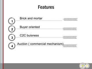 Features
Brick and mortar
1
2
3
4

Buyer oriented
C2C buisness
Auction ( commercial mechanism)

Logo

 