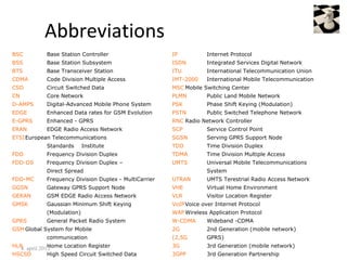 Abbreviations
BSC         Base Station Controller                    IP           Internet Protocol
BSS         Base Station Subsystem                     ISDN         Integrated Services Digital Network
BTS         Base Transceiver Station                   ITU          International Telecommunication Union
CDMA        Code Division Multiple Access              IMT-2000     International Mobile Telecommunication
CSD         Circuit Switched Data                      MSC Mobile Switching Center
CN          Core Network                               PLMN         Public Land Mobile Network
D-AMPS      Digital-Advanced Mobile Phone System       PSK          Phase Shift Keying (Modulation)
EDGE        Enhanced Data rates for GSM Evolution      PSTN         Public Switched Telephone Network
E-GPRS      Enhanced - GPRS                            RNC Radio Network Controller
ERAN        EDGE Radio Access Network                  SCP          Service Control Point
ETSIEuropean Telecommunications                        SGSN         Serving GPRS Support Node
            Standards      Institute                   TDD          Time Division Duplex
FDD         Frequency Division Duplex                  TDMA         Time Division Multiple Access
FDD-DS      Frequency Division Duplex –                UMTS         Universal Mobile Telecommunications
            Direct Spread                                           System
FDD-MC      Frequency Division Duplex - MultiCarrier   UTRAN        UMTS Terestrial Radio Access Network
GGSN        Gateway GPRS Support Node                  VHE          Virtual Home Environment
GERAN       GSM EDGE Radio Access Network              VLR          Visitor Location Register
GMSK        Gaussian Minimum Shift Keying              VoIP Voice over Internet Protocol
            (Modulation)                               WAP Wireless Application Protocol
GPRS        General Packet Radio System                W-CDMA       Wideband -CDMA
GSM Global System for Mobile                           2G           2nd Generation (mobile network)
            communication                              (2,5G        GPRS)
HLR april 2012
  4.         Home Location Register                    3G           3rd Generation (mobile network)
HSCSD       High Speed Circuit Switched Data           3GPP         3rd Generation Partnership
 