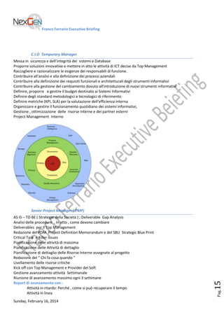 Franco Ferrario Executive Briefing

C.I.O Temporary Manager
Messa in sicurezza e dell’integrità dei sistemi e Database
Proporre soluzioni innovative e mettere in atto le attività di ICT decise da Top Management
Raccogliere e razionalizzare le esigenze dei responsabili di funzione.
Contribuire all'analisi e alla definizione dei processi aziendali
Contribuire alla definizione dei requisiti funzionali e architetturali degli strumenti informativi
Contribuire alla gestione del cambiamento dovuto all'introduzione di nuovi strumenti informativi
Definire, proporre e gestire il budget destinato ai Sistemi Informativi
Definire degli standard metodologici e tecnologici di riferimento
Definire metriche (KPI, SLA) per la valutazione dell'efficienza interna
Organizzare e gestire il funzionamento quotidiano dei sistemi informativi,
Gestione , ottimizzazione delle risorse interne e dei partner esterni
Project Management Interno

Sunday, February 16, 2014

Pag.

AS IS – TO BE ( Strategie della Società ) ; Deliverable Gap Analysis
Analisi delle procedure , In atto , come devono cambiare
Deliverables per il Top Management
Redazione del PDM Project Definition Memorandum e del SBU Strategic Blue Print
Critical Task e Killer issues
Pianificazione delle attività di massima
Pianificazione delle Attività di dettaglio
Pianificazione di dettaglio delle Risorse Interne assegnate al progetto
Redazione del “ Chi fa cosa quando “
Livellamento delle risorse critiche
Kick off con Top Management e Provider del Soft
Gestione avanzamento attività Settimanale
Riunione di avanzamento massimo ogni 3 settimane
Report di avanzamento con :
Attività in ritardo: Perché , come si può recuperare il tempo
Attività in linea

15

Senior Project Manager ( PMP)

 