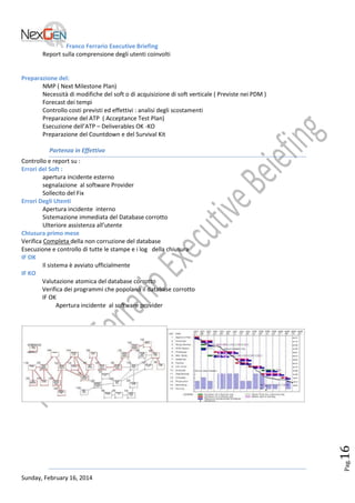 Franco Ferrario Executive Briefing
Report sulla comprensione degli utenti coinvolti

Preparazione del:
NMP ( Next Milestone Plan)
Necessità di modifiche del soft o di acquisizione di soft verticale ( Previste nei PDM )
Forecast dei tempi
Controllo costi previsti ed effettivi : analisi degli scostamenti
Preparazione del ATP ( Acceptance Test Plan)
Esecuzione dell’ATP – Deliverables OK -KO
Preparazione del Countdown e del Survival Kit
Partenza in Effettivo

Pag.

16

Controllo e report su :
Errori del Soft :
apertura incidente esterno
segnalazione al software Provider
Sollecito del Fix
Errori Degli Utenti
Apertura incidente interno
Sistemazione immediata del Database corrotto
Ulteriore assistenza all’utente
Chiusura primo mese
Verifica Completa della non corruzione del database
Esecuzione e controllo di tutte le stampe e i log della chiusura
IF OK
Il sistema è avviato ufficialmente
IF KO
Valutazione atomica del database corrotto
Verifica dei programmi che popolano il database corrotto
IF OK
Apertura incidente al software provider

Sunday, February 16, 2014

 