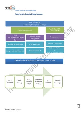 Franco Ferrario Executive Briefing
Franco Ferrario Executive Briefing Summary

ICT Franco's Skills
Consulting & Temporary Manager
World Class ERP
Solutions Suite

Project Management
C.I.O
Chief Information Officer
TM

Mobile Technologies

Business Process

IT Assessment

Management

IT Risk Analysis

Mission Critical Soft
Software Selection

Storage and NAS Shoot -out

Target
Posining

Short List Customer support

Competive

Offering
Framework

Framework

Analysis

Analysis

New
strategies

Emerging
technologies

Pag.

5

Actual
Positioning

&

Consumerization IT

Sunday, February 16, 2014

 