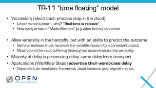TR-11 “time floating” model
• Vocabulary (about each process step in the cloud)
• Linear vs non-Linear – why? “Real-time is relative”
• How early or late a “Media Element” (e.g video frame) can arrive
• Allow variability in the handoffs, but with an ability to predict the outcome
• Some processes must reconcile the variable inputs into a consistent output
• Must bound the input buffering (latency) yet accommodate the variability
• Majority of delay is processing delay, some delay from transport
• Applications (Workflow Steps) advertise their worst-case delay
• Dependent on resolution/framerate, cloud instance type, algorithms etc
 