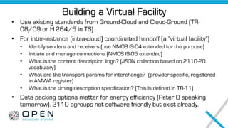 Building a Virtual Facility
• Use existing standards from Ground-Cloud and Cloud-Ground (TR-
08/09 or H.264/5 in TS)
• For inter-instance (intra-cloud) coordinated handoff (a “virtual facility”)
• Identify senders and receivers (use NMOS IS-04 extended for the purpose)
• Initiate and manage connections (NMOS IS-05 extended)
• What is the content description lingo? (JSON collection based on 2110-20
vocabulary)
• What are the transport params for interchange? (provider-specific, registered
in AMWA register)
• What is the timing description specification? (This is defined in TR-11)
• Data packing options matter for energy efficiency (Peter B speaking
tomorrow). 2110 pgroups not software friendly but exist already.
 