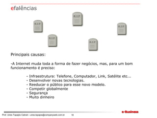 e falências Principais causas: A Internet muda toda a forma de fazer negócios, mas, para um bom funcionamento é preciso: - Infraestrutura: Telefone, Computador, Link, Satélite etc... - Desenvolver novas tecnologias. - Reeducar o público para esse novo modelo. - Competir globalmente - Segurança - Muito dinheiro                       