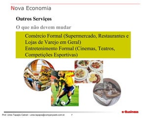 Outros Serviços O que não devem mudar Comércio Formal (Supermercado, Restaurantes e Lojas de Varejo em Geral) Entretenimento Formal (Cinemas, Teatros, Competições Esportivas) N ova Economia 