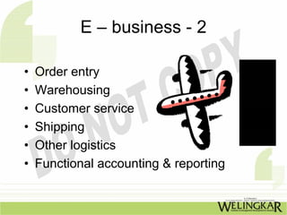 E – business - 2

•   Order entry
•   Warehousing
•   Customer service
•   Shipping
•   Other logistics
•   Functional accounting & reporting
 