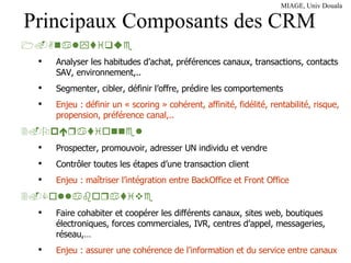 Principaux Composants des CRM Analytique Analyser les habitudes d’achat, préférences canaux, transactions, contacts SAV, environnement,.. Segmenter, cibler, définir l’offre, prédire les comportements Enjeu : définir un « scoring » cohérent, affinité, fidélité, rentabilité, risque, propension, préférence canal,.. Opérationnel Prospecter, promouvoir, adresser UN individu et vendre Contrôler toutes les étapes d’une transaction client Enjeu : maîtriser l’intégration entre BackOffice et Front Office Collaborative Faire cohabiter et coopérer les différents canaux, sites web, boutiques électroniques, forces commerciales, IVR, centres d’appel, messageries, réseau,… Enjeu : assurer une cohérence de l’information et du service entre canaux 