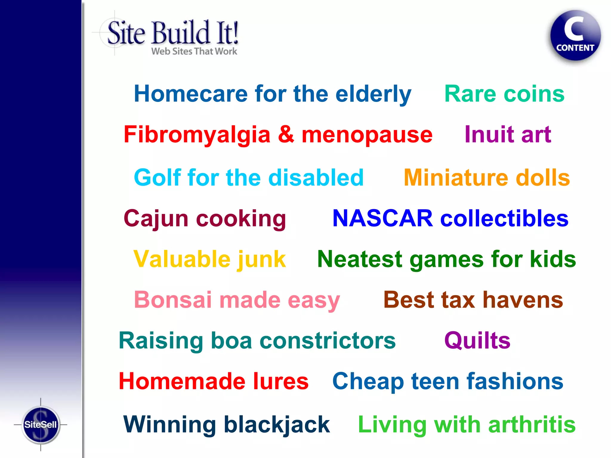 Homecare for the elderly     Rare coins
Fibromyalgia & menopause        Inuit art
 Golf for the disabled     Miniature dolls
Cajun cooking       NASCAR collectibles
 Valuable junk   Neatest games for kids
 Bonsai made easy        Best tax havens
Raising boa constrictors      Quilts
Homemade lures Cheap teen fashions
Winning blackjack     Living with arthritis
 