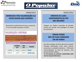 APARECIDA TEM VALORIZAÇÃO 3,5
VEZES MAIOR QUE GOIÂNIA
No primeiro quadrimestre do ano, o preço do
m² no município aumentou 12,02%
19/06/2013
IMÓVEIS DE LUXO:
APARTAMENTO DE ATÉ
R$5 MILHÕES
Chegam em Goiânia inovações de grandes
centros do mundo, como garagem no andar
do automóvel
03/07/2013
ÓRION VENDE
80% DE SUAS UNIDADES
EM 48 HORAS
Das 924 unidades do Órion Business & Health
Complex distribuídas entre salas clínicas,
comerciais e unidades hoteleiras -, 740 foram
comercializadas no final de semana, num
total de R$235 milhões.
(2 mil pessoas já estavam cadastradas pelo
site do empreendimento).
 