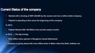 • Started with a funding of INR 4,00,000 by the owners and now a billion dollar company.
• Flipkart is operating online since the beginning of the company
In 2013:
• Flipkart Raised USD 160 Million from private equity investor
In 2014….. The big innings
• First offline store opened in Bangalore named fliptomania
• Company is going ahead with more offline store in Metro cities like Delhi, Kolkata, etc.
 