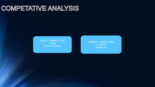 DIRECT COMPETITORS
• E Bay
•Barnes & Nobles
INDIRECT COMPETIORS
•L L BEAN
•Google.com
 