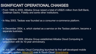 • From 1999 to 2000, Alibaba Group raised a total of US$25 million from Soft Bank,
Goldman Sachs, Fidelity and some other institutions.
• In May 2003, Taobao was founded as a consumer e-commerce platform.
• In December 2004, s, which started as a service on the Taobao platform, became a
separate business.
• In September 2009, Alibaba Group established Alibaba Cloud Computing in
conjunction with its 10-year anniversary.
• In July 2011, Alibaba Cloud Computing launched its first self-developed mobile
operating system, Aliyun OS over K-Touch Cloud Smartphone
 