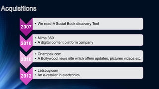 2007
• We read-A Social Book discovery Tool
2010
• Mime 360
• A digital content platform company
2010
• Champak.com
• A Bollywood news site which offers updates, pictures videos etc.
2012
• Letsbuy.com
• An e-retailer in electronics
 
