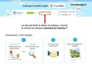 Covoiturage.fr
Le site est facile à utiliser et pratique, comme
le montre la rubrique comment ça marche ?
 