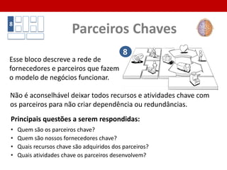 • Novidade
• Performance
• Customização
• Fazer o Serviço
• Design
• Preço
• Marca / Status
• Redução de Custo
• Redução de Risco
• Acessibilidade
• Conveniência
• Usabilidade
Proposta de Valor
Elementos que agregam valor A proposta de valor
consiste de uma
cesta de produtos
e/ou serviços que a
empresa oferece
de forma a criar
valor para um
segmento de
clientes específico.
Perguntas Chaves:
• Que valor é entregue ao cliente?
• Que problemas dos clientes
estamos ajudando a solucionar?
• Que necessidades dos clientes
estamos satisfazendo?
• Que cesta de produtos e serviços
estamos oferecendo para cada
segmento de cliente?
Resumo
2
Esse bloco visa descrever quais são os
valores que os produtos e serviços da
empresa oferecem para cada segmento
de cliente específico.
 