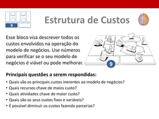 Os canais não existem apenas para enviar produtos
(distribuição), além disso estão aqui inclusos também
os canais de venda e comunicação.
Os canais de contato com o cliente são pontos de
interação que desempenham um papel importante na
“experiência” de compra do cliente.
A combinação certa de canais permite uma correta
abordagem de mercado para a proposta de valor.
O truque é encontrar o equilíbrio entre os diferentes
tipos de canais, integrá-los de forma a criar uma
grande experiência ao cliente.
Fases de Canais:
1. Divulgação
2. Avaliação
3. Compra
4. Entrega
5. Pós-Venda
Canais3
 