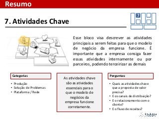 Categorias
Esse bloco visa descrever as atividades
principais a serem feitas para que o modelo
de negócio da empresa funcione. É
importante que a empresa consiga fazer
essas atividades internamente ou por
parceiros, podendo terceirizar as demais
s
7. Atividades Chave
• Produção
• Solução de Problemas
• Plataforma / Rede
As atividades chave
são as atividades
essenciais para o
que o modelo de
negócios da
empresa funcione
corretamente.
• Quais as atividades chave
que a proposta de valor
precisa?
• E os canais de distribuição?
• E o relacionamento com o
cliente?
• E o fluxo de receitas?
Perguntas:
Resumo
7
 