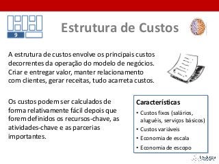 A estrutura de custos envolve os principais custos
decorrentes da operação do modelo de negócios.
Criar e entregar valor, manter relacionamento
com clientes, gerar receitas, tudo acarreta custos.
Características
• Custos fixos (salários,
aluguéis, serviços básicos)
• Custos variáveis
• Economia de escala
• Economia de escopo
Estrutura de Custos9
Os custos podem ser calculados de
forma relativamente fácil depois que
forem definidos os recursos-chave, as
atividades-chave e as parcerias
importantes.
 