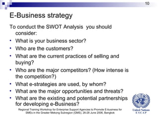 E-Business strategy To conduct the SWOT Analysis  you should consider: What is your business sector? Who are the customers? What are the current practices of selling and buying? Who are the major competitors? (How intense is the competition?) What e-strategies are used, by whom? What are the major opportunities and threats? What are the existing and potential partnerships for developing e-Business? Regional Training Workshop for Enterprise Support Agencies to Promote E-business for SMEs in the Greater Mekong Subregion (GMS), 26-28 June 2006, Bangkok 