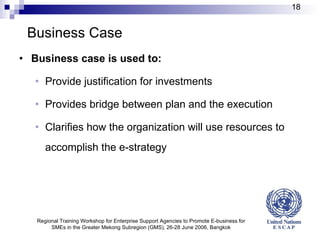 Business Case Business case is used to: Provide justification for investments Provides bridge between plan and the execution Clarifies how the organization will use resources to accomplish the e-strategy Regional Training Workshop for Enterprise Support Agencies to Promote E-business for SMEs in the Greater Mekong Subregion (GMS), 26-28 June 2006, Bangkok 