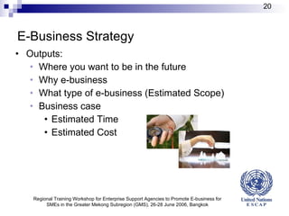 E-Business Strategy Outputs: Where you want to be in the future Why e-business What type of e-business (Estimated Scope) Business case Estimated Time Estimated Cost Regional Training Workshop for Enterprise Support Agencies to Promote E-business for SMEs in the Greater Mekong Subregion (GMS), 26-28 June 2006, Bangkok 