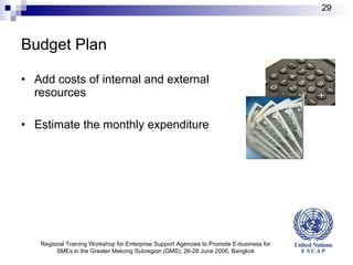 Budget Plan Add costs of internal and external resources Estimate the monthly expenditure Regional Training Workshop for Enterprise Support Agencies to Promote E-business for SMEs in the Greater Mekong Subregion (GMS), 26-28 June 2006, Bangkok 