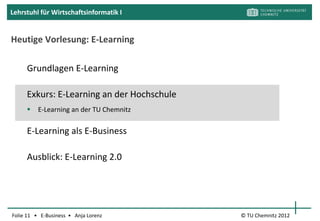 Lehrstuhl für Wirtschaftsinformatik I


Bezugsdisziplinen


          Pädagogik Erziehungswissenschaften
          pädagogische Psychologie      Informatik
    Wirtschaftsinformatik
 Medieninformatik Arbeitswissenschaften
     Medienpädagogik BWL Usability Engineering HCI
               Personalwissenschaften
                                                      [ESN11, S. 17]
Folie 11 • E-Business • Anja Lorenz                  © TU Chemnitz 2012
 