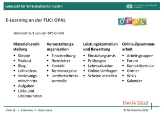 Lehrstuhl für Wirtschaftsinformatik I



  Exkurs: E-Learning
  an der Hochschule

  … an der TU Chemnitz
  … an anderen
    Universitäten




                                                     [flickrB]




Folie 12 • E-Business • Anja Lorenz     © TU Chemnitz 2012
 