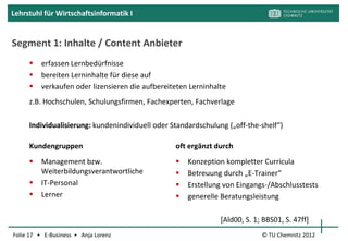 Lehrstuhl für Wirtschaftsinformatik I



  E-Learning als
  E-Business

  Segmente
  …aus Kundensicht
  …aus Anwendersicht
        1. Content-Anbieter
        2. Technologie- und
           Systemanbieter
        3. Services




                                                  [flickrC]

Folie 17 • E-Business • Anja Lorenz     © TU Chemnitz 2012
 