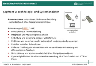 Lehrstuhl für Wirtschaftsinformatik I


Segmente aus Kundensicht I: Kindergarten / Vorschule

                                                   Heranführen an
                                                    Medien
                                                   Wettbewerbs-
                                                    vorteil




                                                   [flickrE, BBS01, S. 45]
Folie 20 • E-Business • Anja Lorenz                    © TU Chemnitz 2012
 