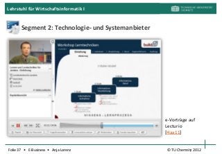 Lehrstuhl für Wirtschaftsinformatik I


       Segment 2: Technologie- und Systemanbieter




                                                    e-Vorträge auf
                                                    Lecturio
                                                    [Haa11]


Folie 37 • E-Business • Anja Lorenz                 © TU Chemnitz 2012
 