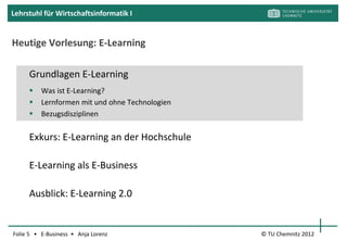 Lehrstuhl für Wirtschaftsinformatik I



  Grundlagen
  E-Learning

  Was ist E-Learning?
  Lernformen mit und
  ohne Technologien
  Bezugsdisziplinen




                                                     [flickrA]



Folie 5 • E-Business • Anja Lorenz      © TU Chemnitz 2012
 