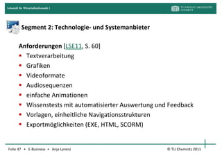 Lehrstuhl für Wirtschaftsinformatik I




            Segment 2: Technologie- und Systemanbieter

         Anforderungen [LSE11, S. 60]
          Textverarbeitung
          Grafiken
          Videoformate
          Audiosequenzen
          einfache Animationen
          Wissenstests mit automatisierter Auswertung und Feedback
          Vorlagen, einheitliche Navigationsstrukturen
          Exportmöglichkeiten (EXE, HTML, SCORM)


Folie 47 • E-Business • Anja Lorenz                       © TU Chemnitz 2011
 