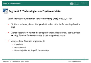Lehrstuhl für Wirtschaftsinformatik I




            Segment 2: Technologie- und Systemanbieter

         Geschäftsmodell Application Service Providing (ASP) [BBS01, S. 51f]

          für Unternehmen, deren Kerngeschäft selbst nicht im E-Learning-Bereich
           liegt

          Dienstleister (ASP) hostet die entsprechenden Plattformen, betreut diese
            sorgt für eine funktionierende E-Learning-Infrastruktur

          verschiedene Finanzierungsmodelle:
                  - Pauschale
                  - Abonnement
                  - Lizenzen je Nutzer, Zugriff, Datenmenge…




Folie 57 • E-Business • Anja Lorenz                                    © TU Chemnitz 2011
 