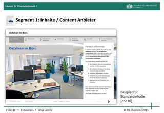 Lehrstuhl für Wirtschaftsinformatik I




            Segment 1: Inhalte / Content Anbieter




                                                    Beispiel für
                                                    Standardinhalte
                                                    [che10]

Folie 41 • E-Business • Anja Lorenz                  © TU Chemnitz 2011
 