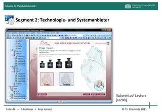 Lehrstuhl für Wirtschaftsinformatik I




            Segment 2: Technologie- und Systemanbieter




                                                         Autorentool Lectora
                                                         [Lec08]

Folie 46 • E-Business • Anja Lorenz                         © TU Chemnitz 2011
 